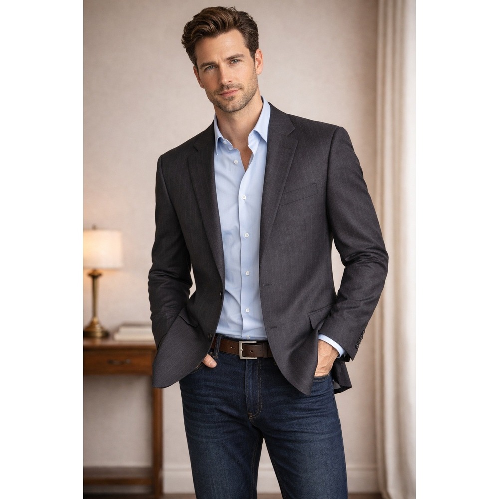 Pierre Cardin Men's 100%Wool Pinstripe Suit Jacket/Blazer, Navy, y2K, mob, power